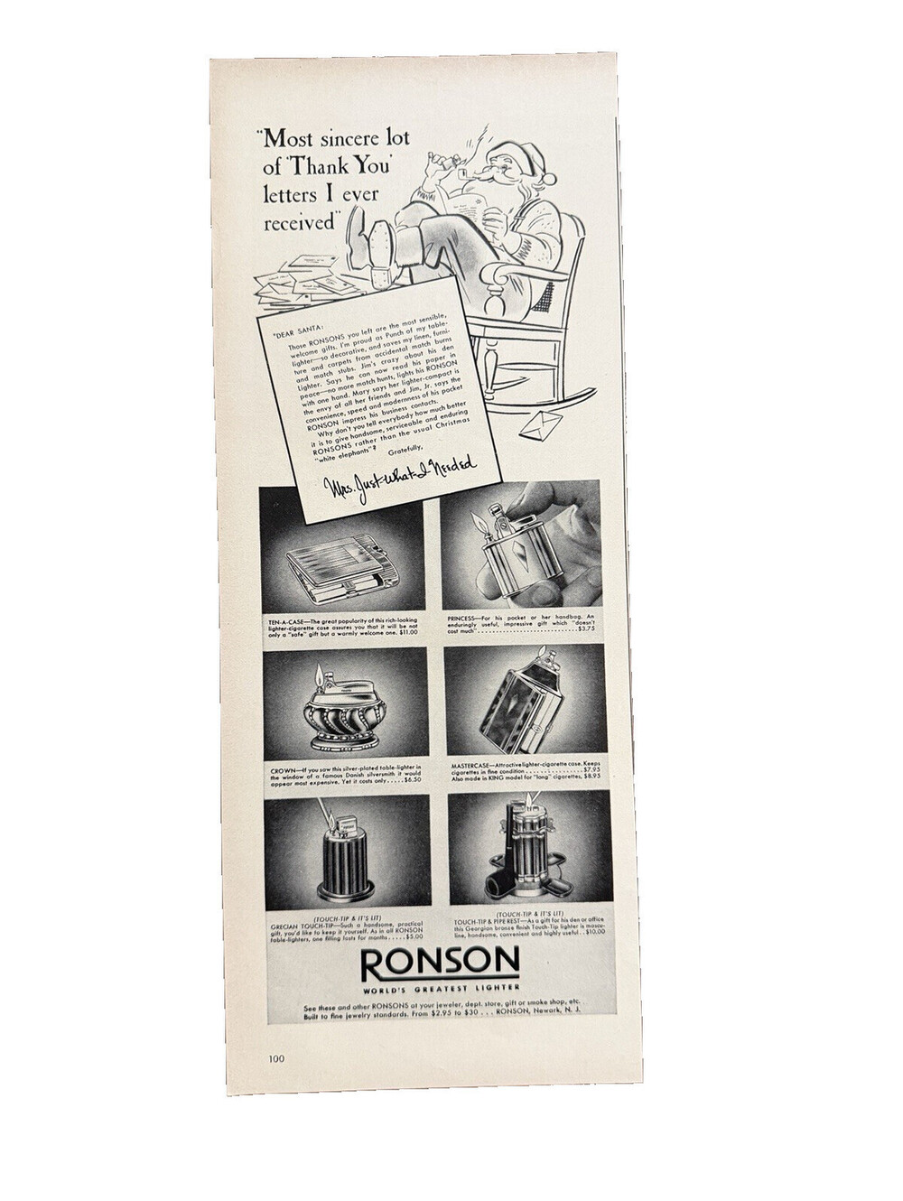 1940 Ronson World’s Greatest Lighter Print Ad Santa Claus Illustrated Smoking